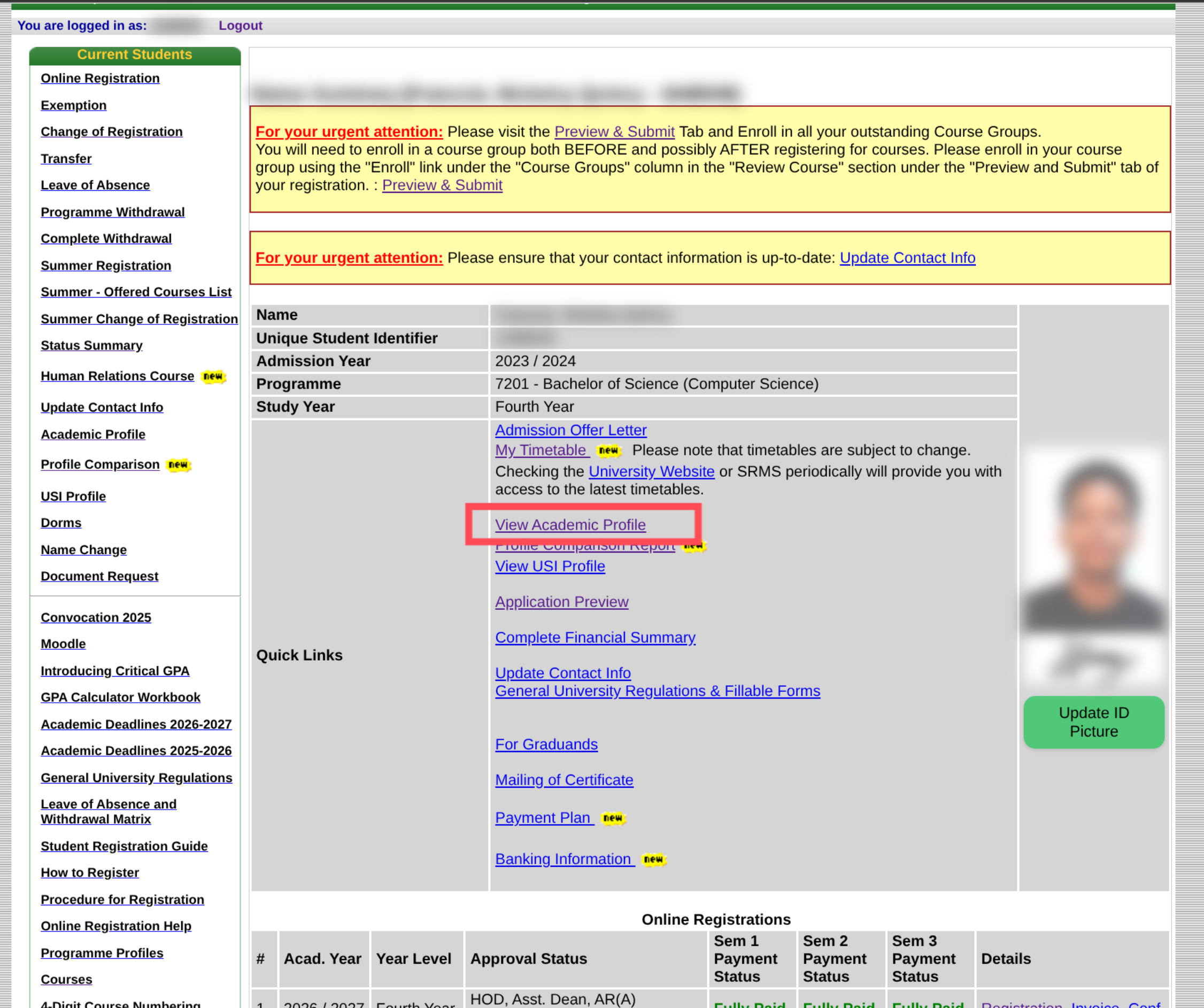 The SRMS home page with View Academic Profile highlighted under Quick Links