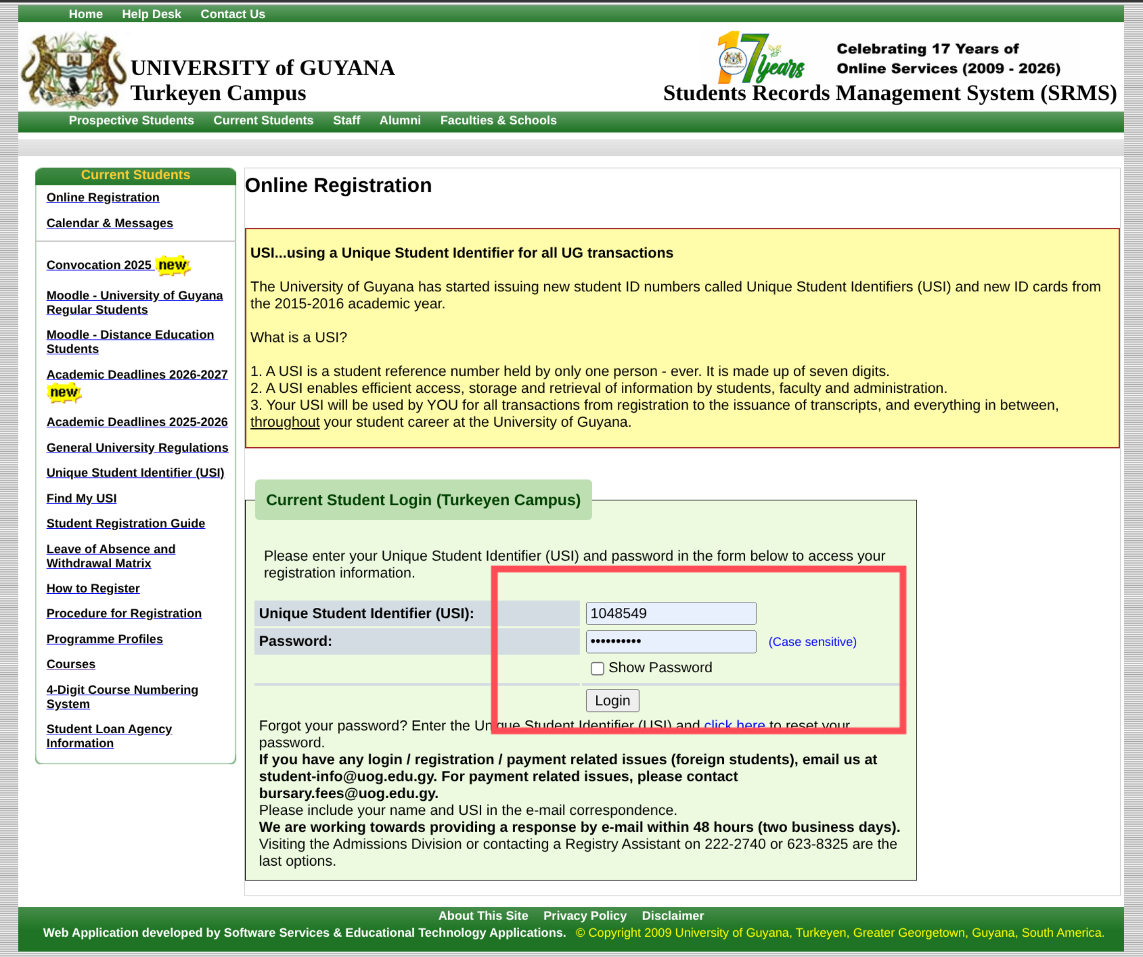 The SRMS login form: USI and password boxes with the Login button